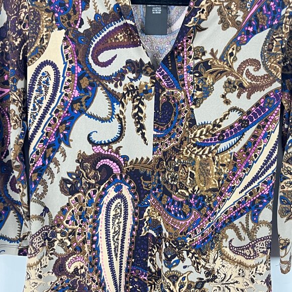 Grace Elements Top Blouse Size S Multicolor 3/4 Sleeve Paisley Polyester Spandex - Picture 3 of 9